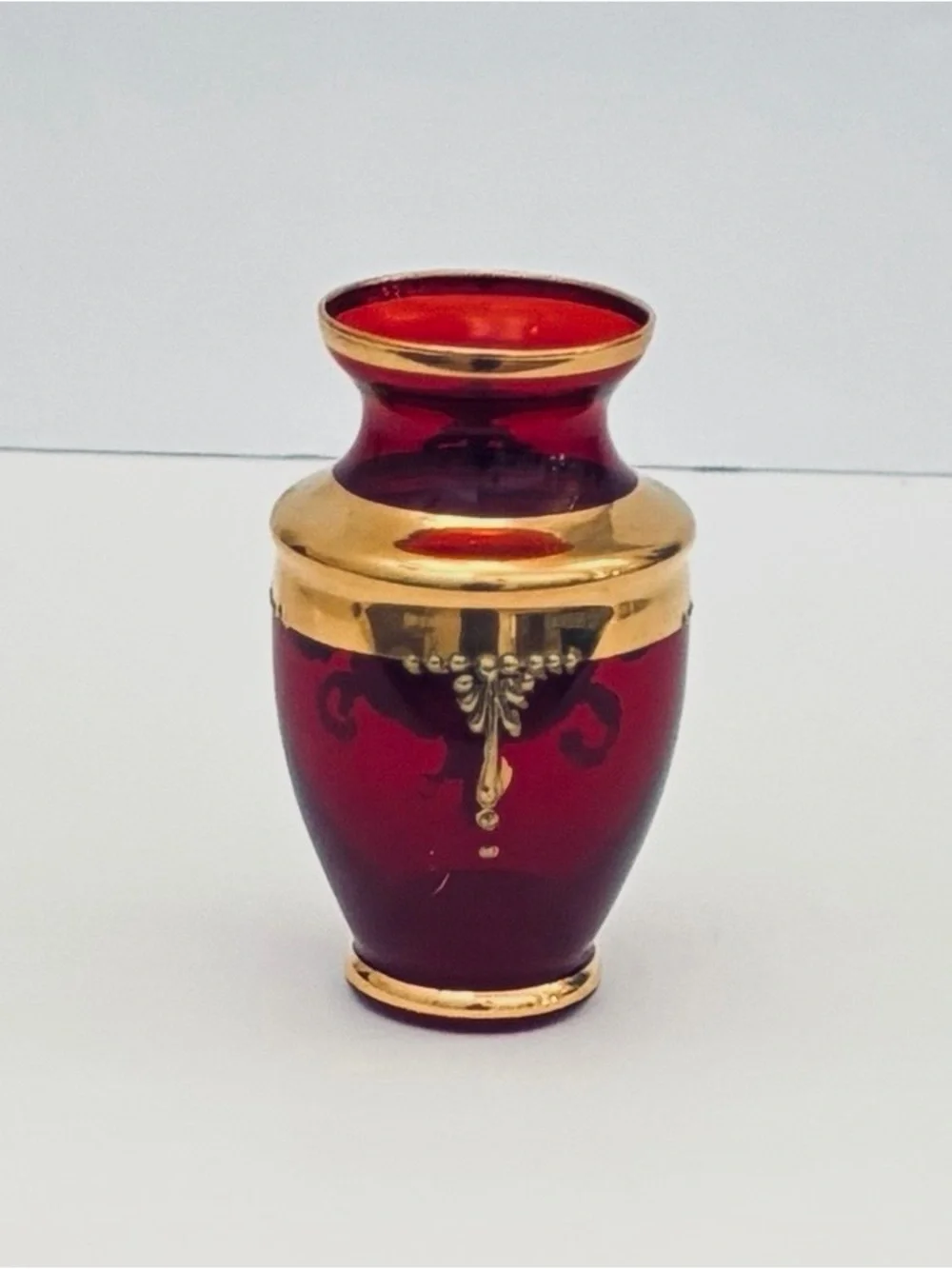 Vintage Murano Ruby Red Glass Vase Floral Design Gold Trim 4.5”